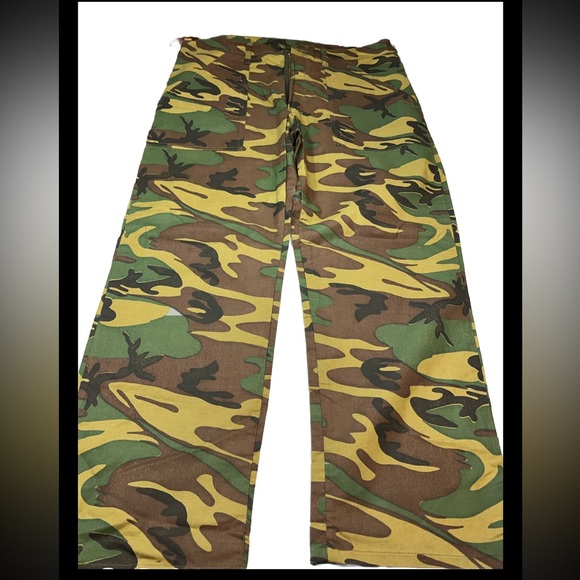 Green Tan Black CAMO Pants ARMY Camouflage Adjustable Waist USA Cotton Mens MED - Picture 1 of 15
